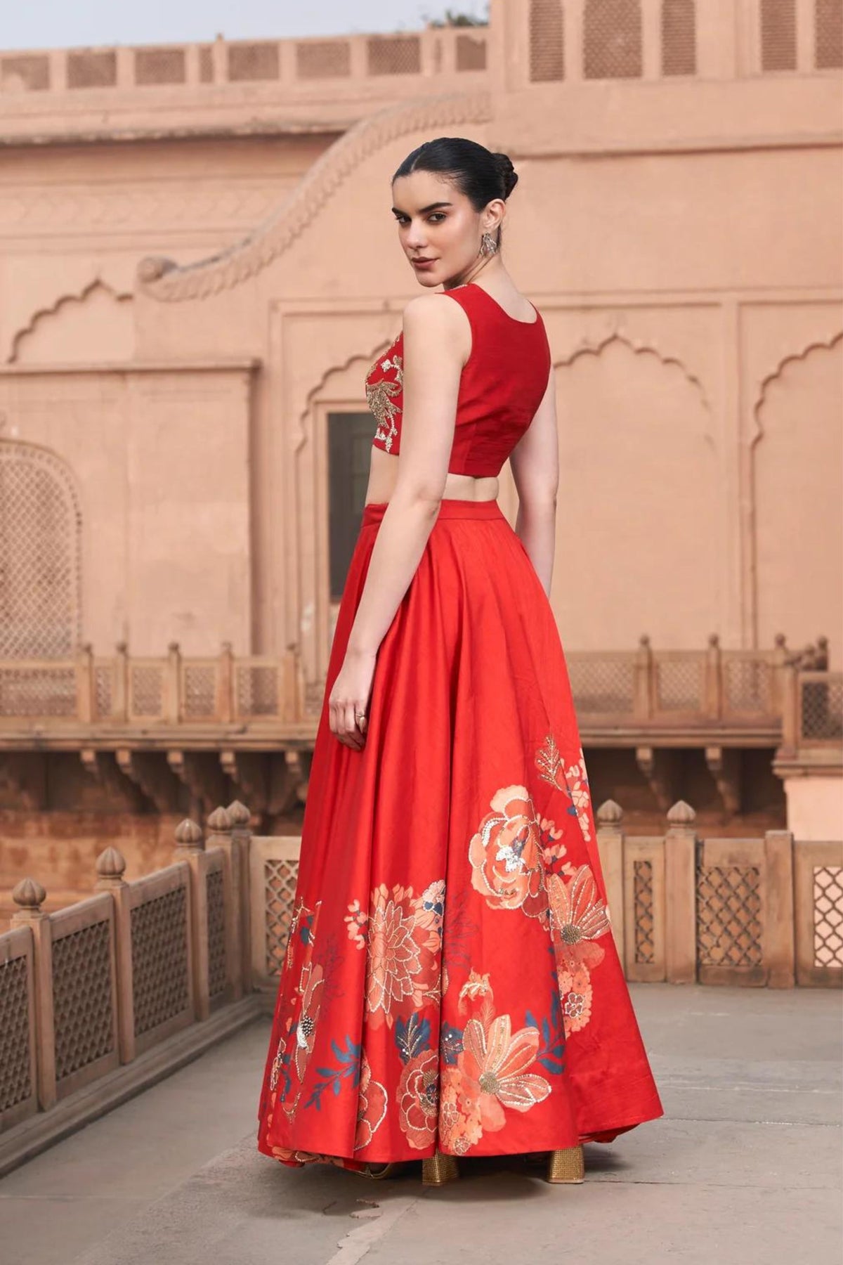 Red Moroccan Centre Print Lehenga Set