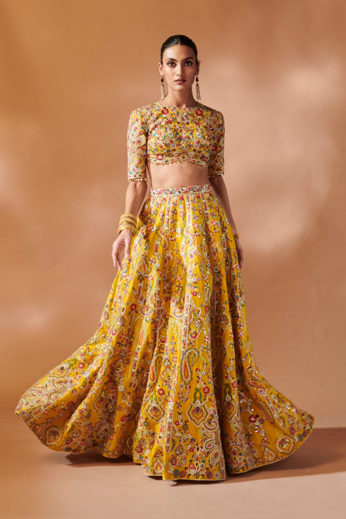 Mustard Lehenga Set With Elbow Lengt Sleeves