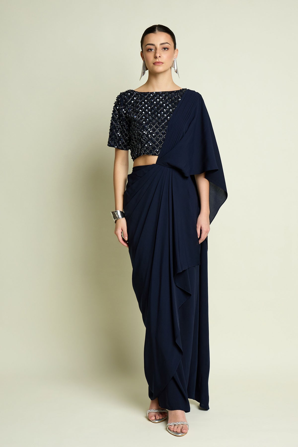 Crystal Navy Draped Saree Set