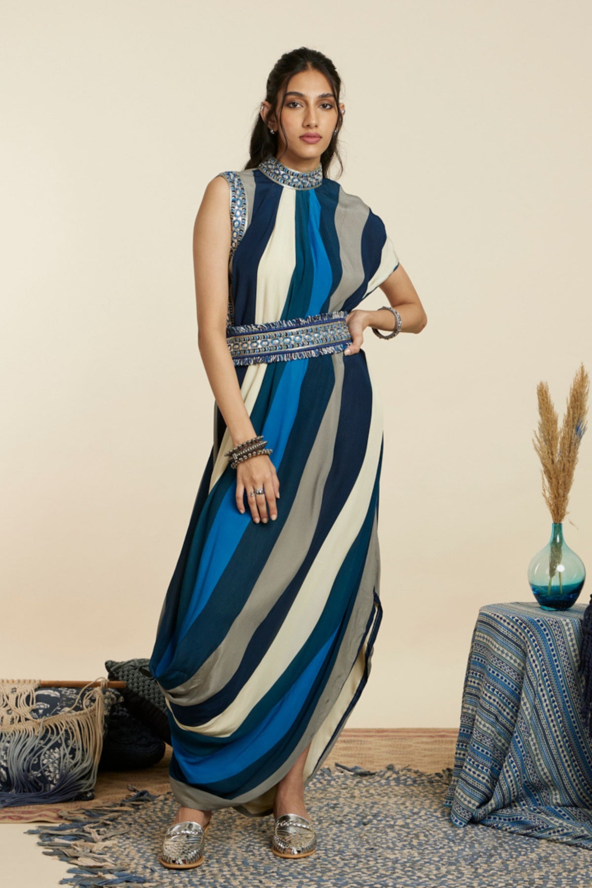 Blue Drape Dress With Belt