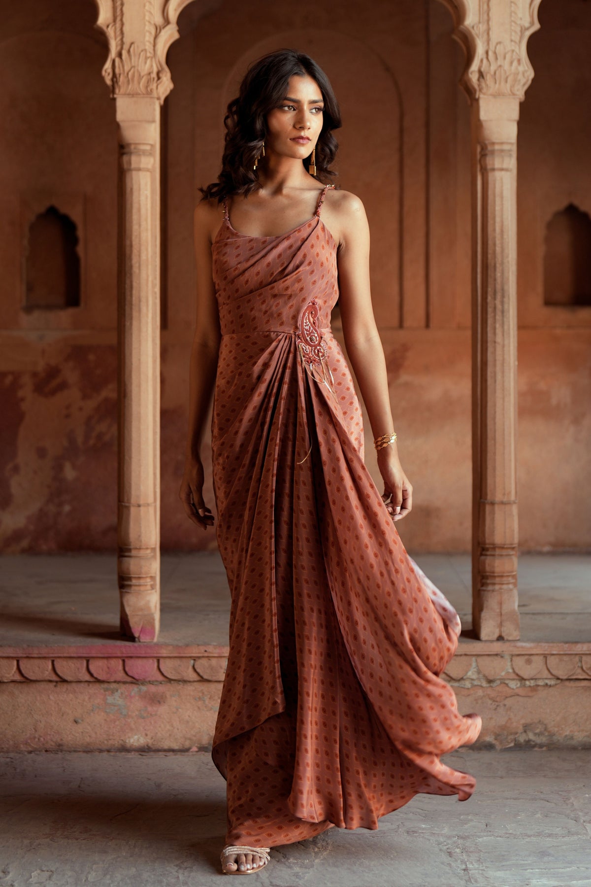 Mocha Embroidered Drape Dress