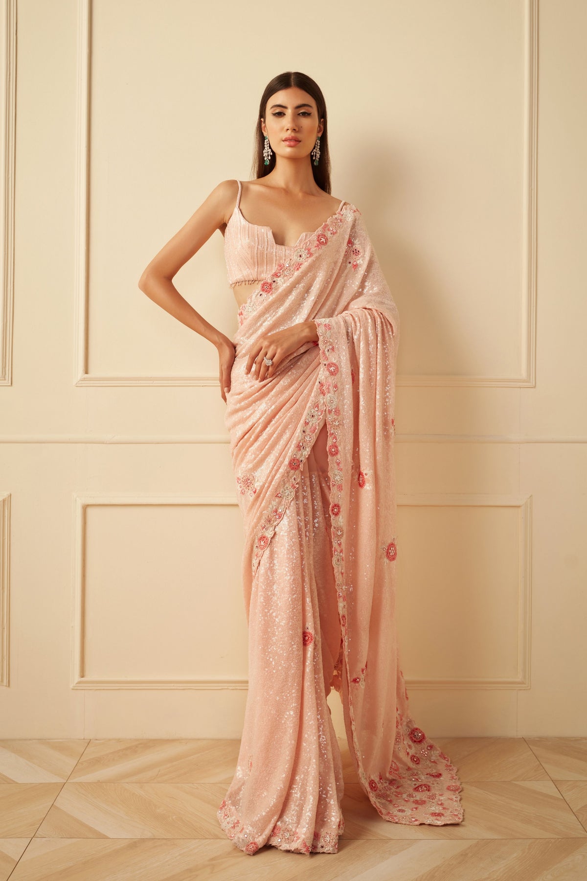 Peach Applique Saree Set
