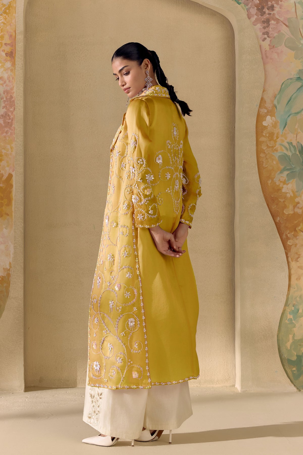 Yellow Contrast Embellished Long Jacket