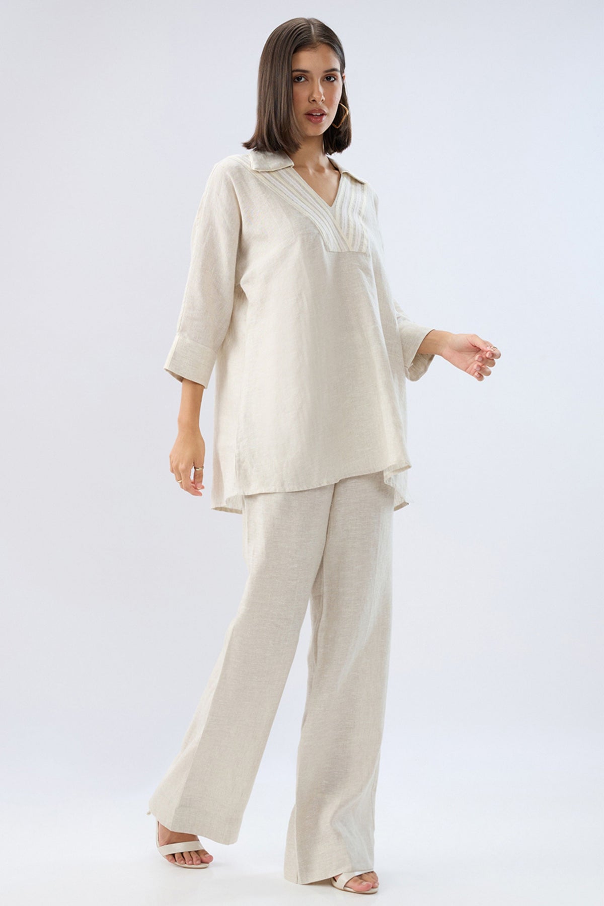 Beige V-neck Co-ord Set