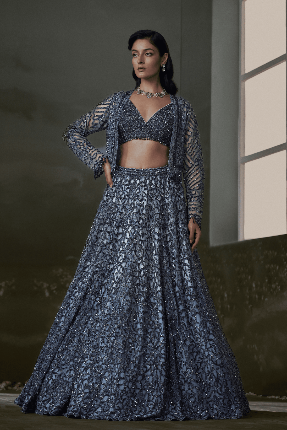Stone Grey Lehenga Paired With Jacket