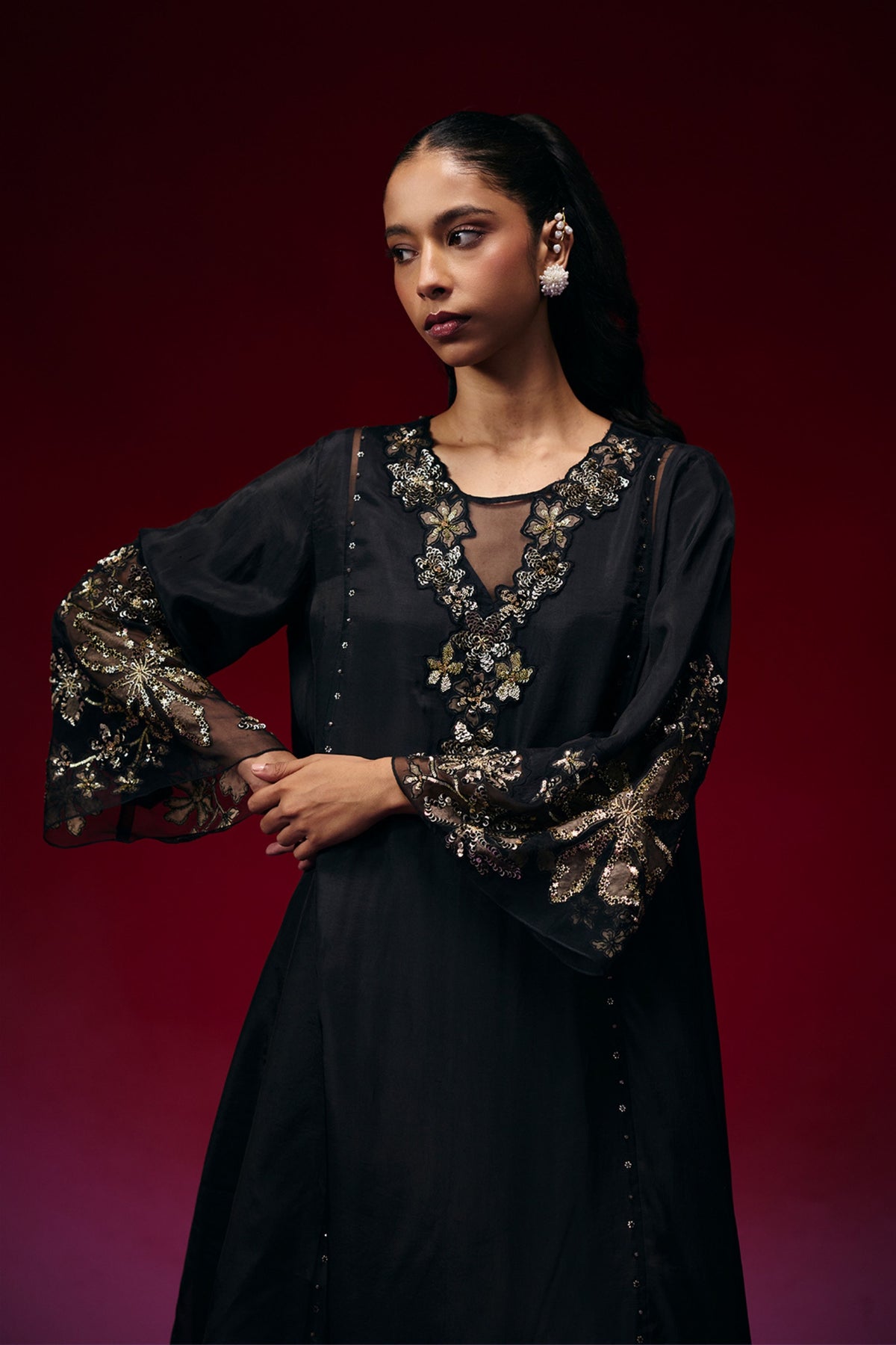 Black Floral Appliqué Kurta Set