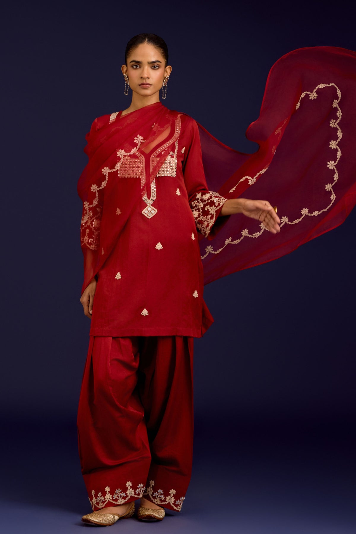 Rust Cotton Embroidered Kurta Set