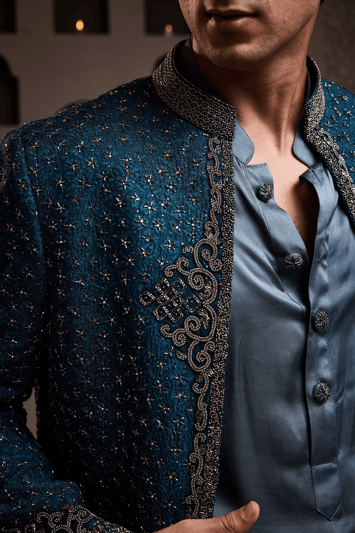 Teal Jacket Kurta Patiyala Set