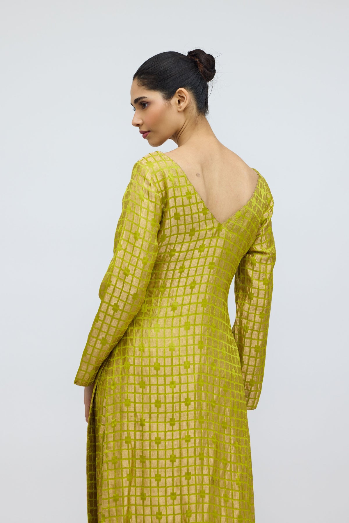 Chartreuse Grid Silk Brocade Kurta Set