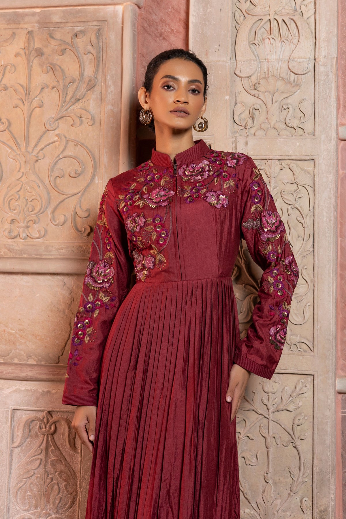 Maroon Pleated Maxi Dress