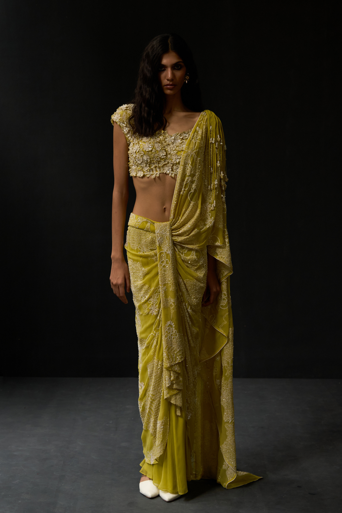 Citrus Dot Botanical Drape Saree