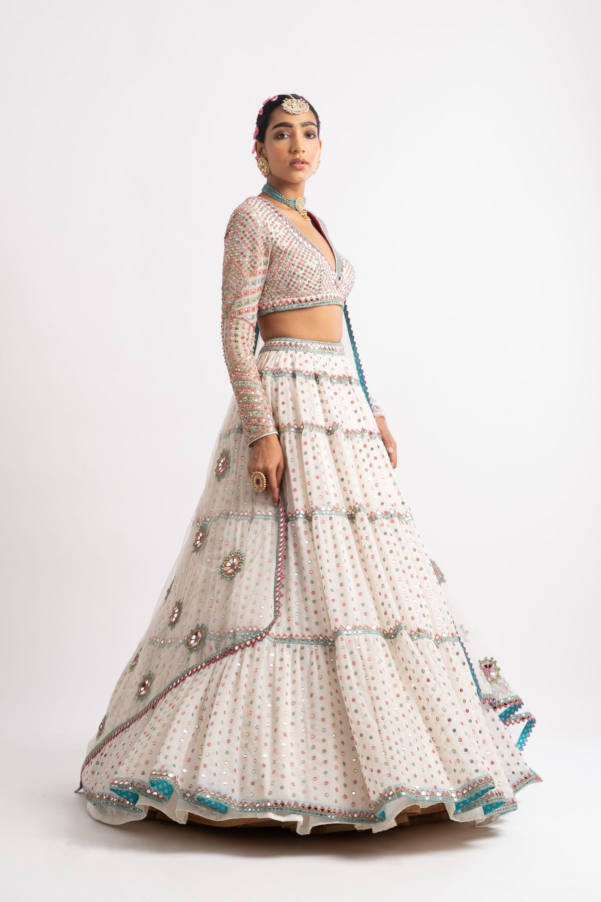 White multi tier lehenga set