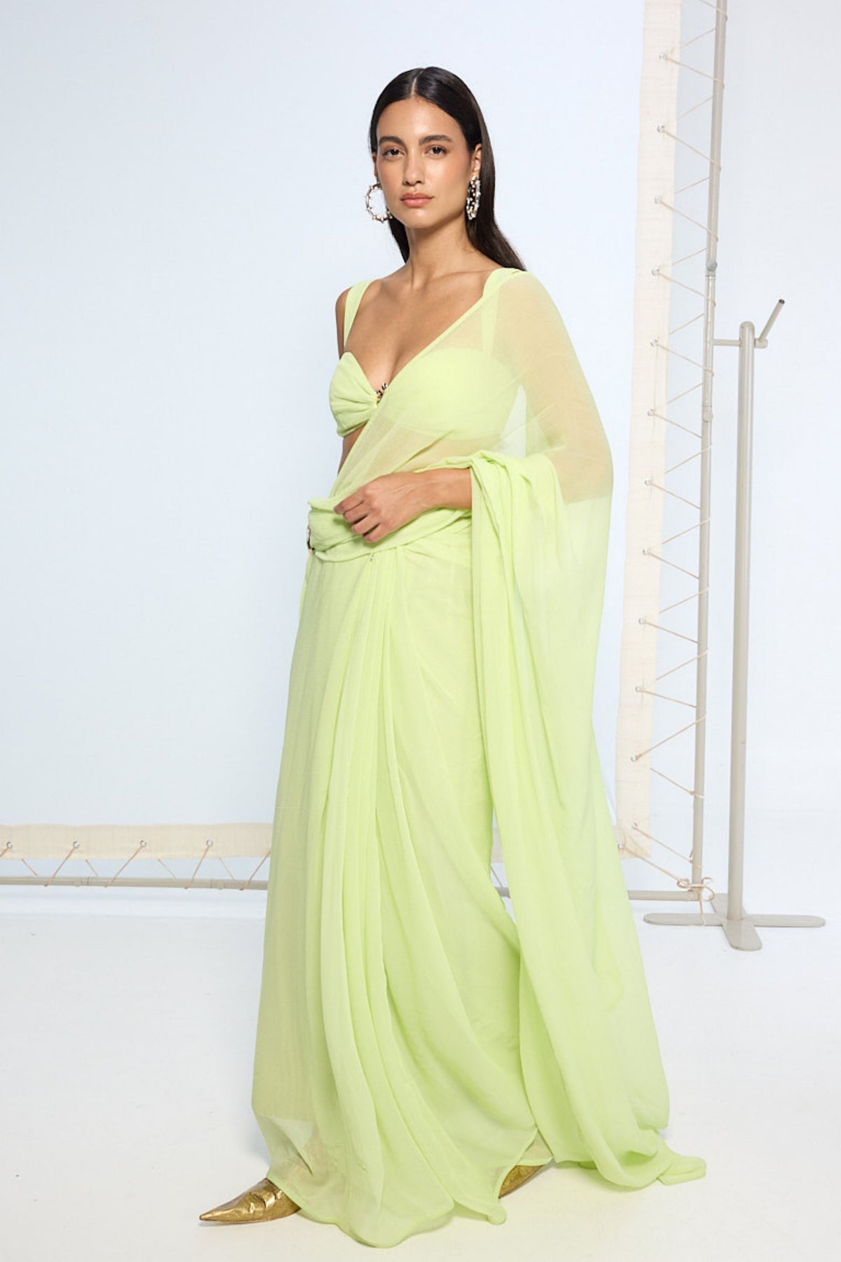 Lime Green Brooch Saree