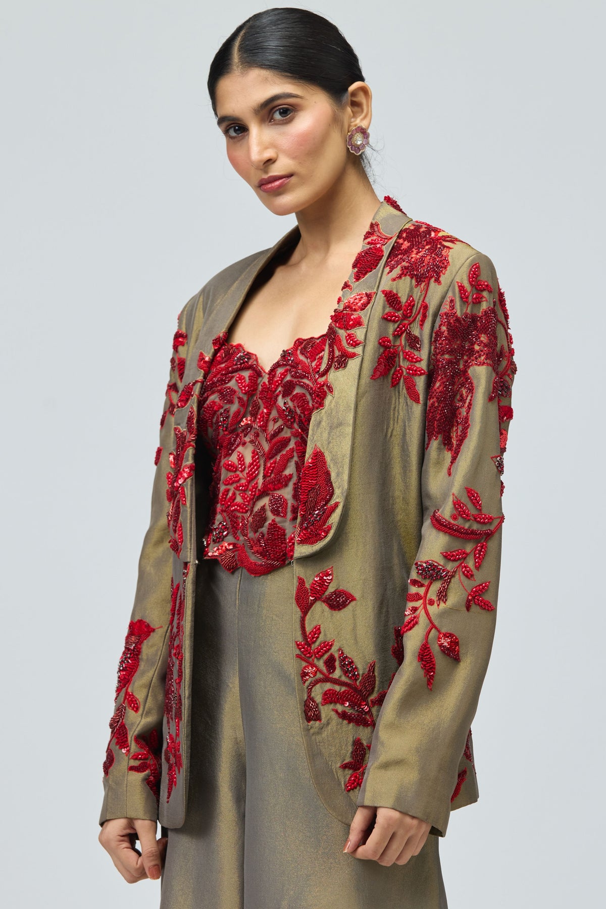 Red Stone Embellished Jacket Set