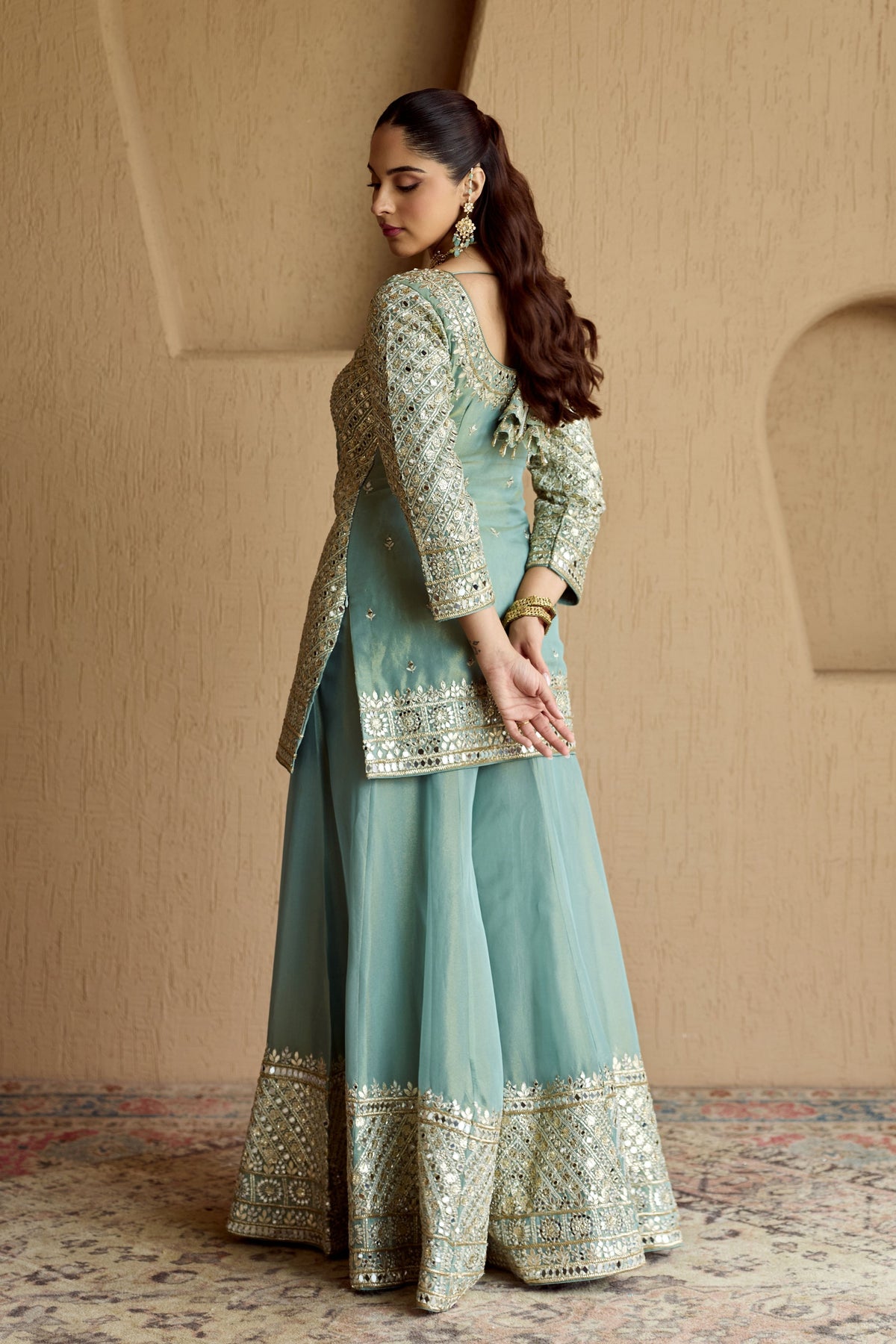Teal Tissue Kurta Sharara Set
