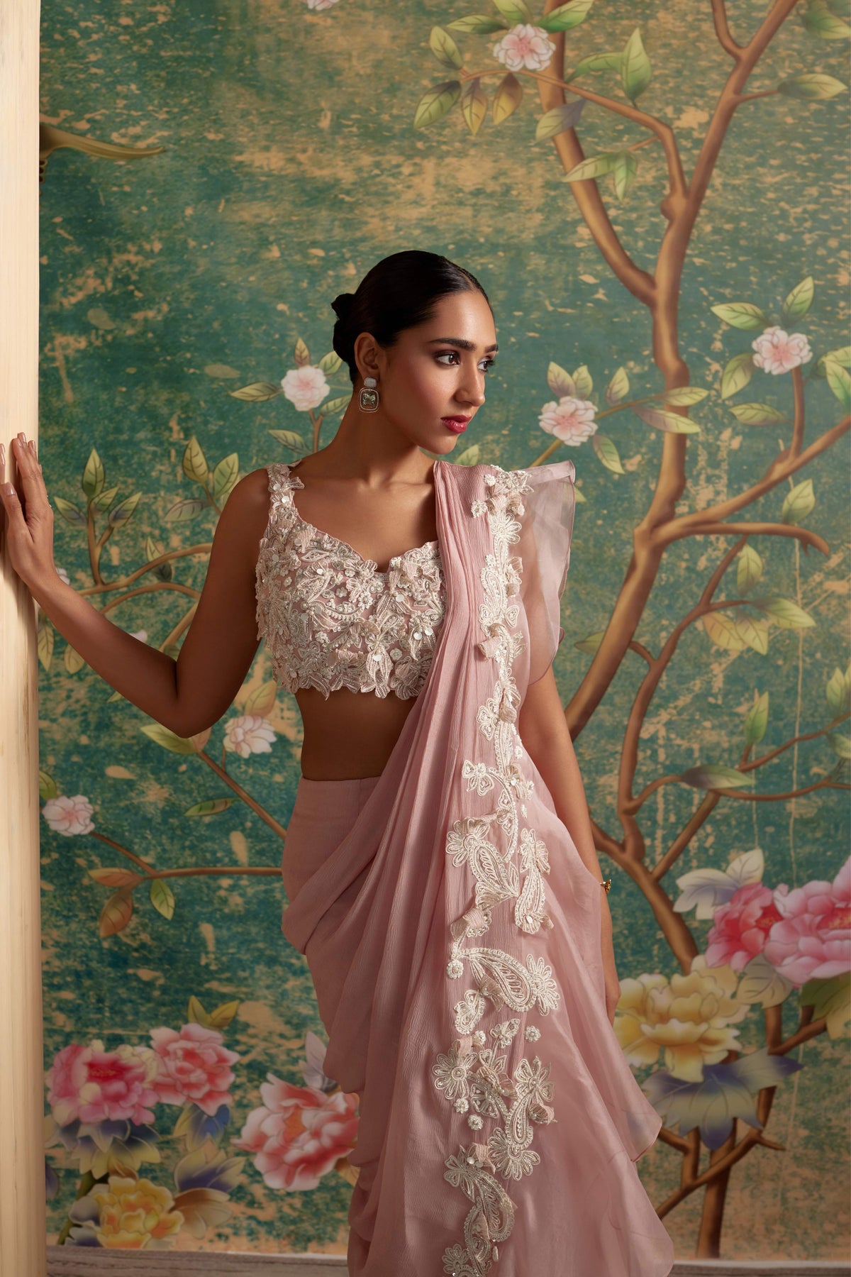 Dainty Dusky Pink Drape Saree Set