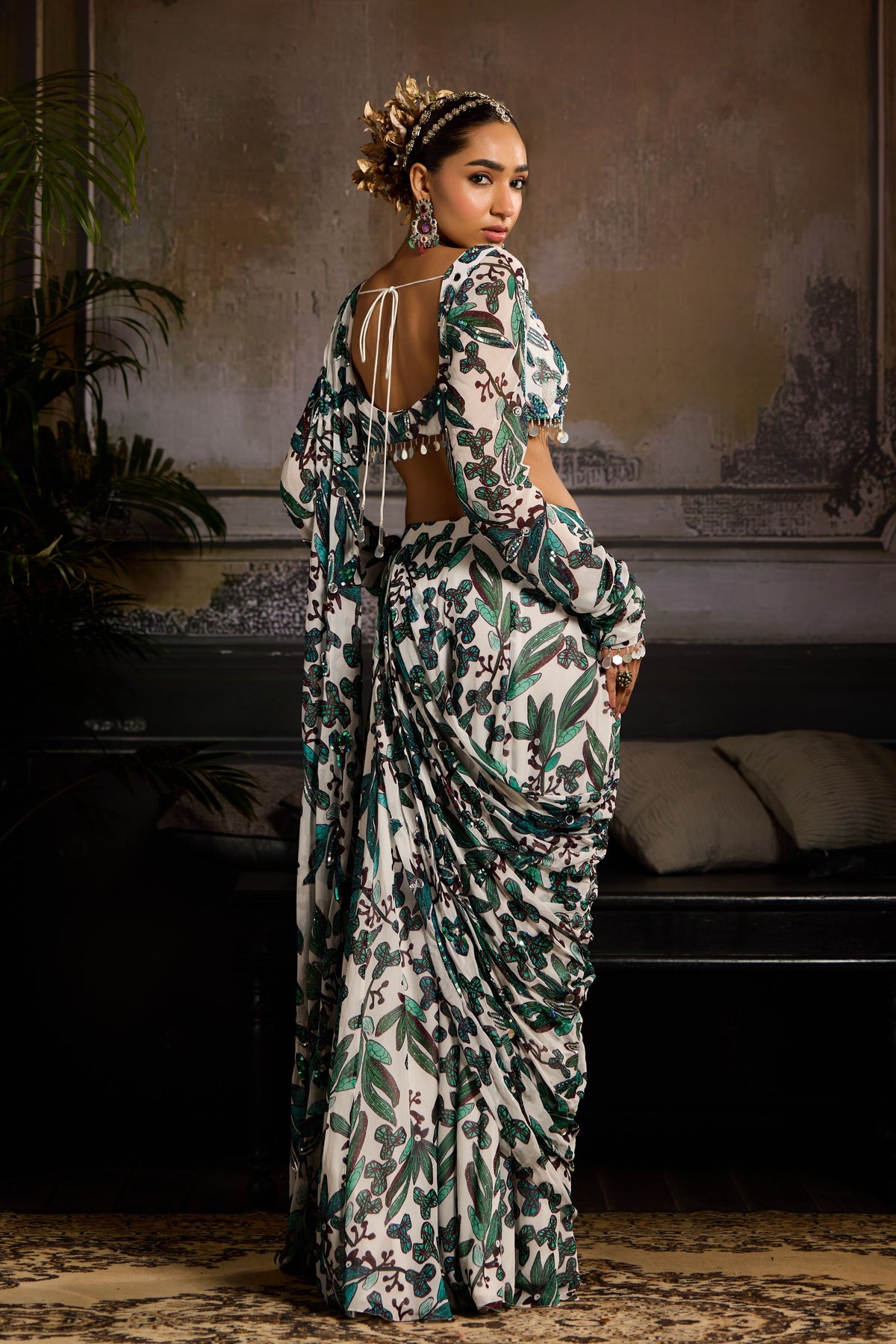 Teal Leaf Draped Saree Set