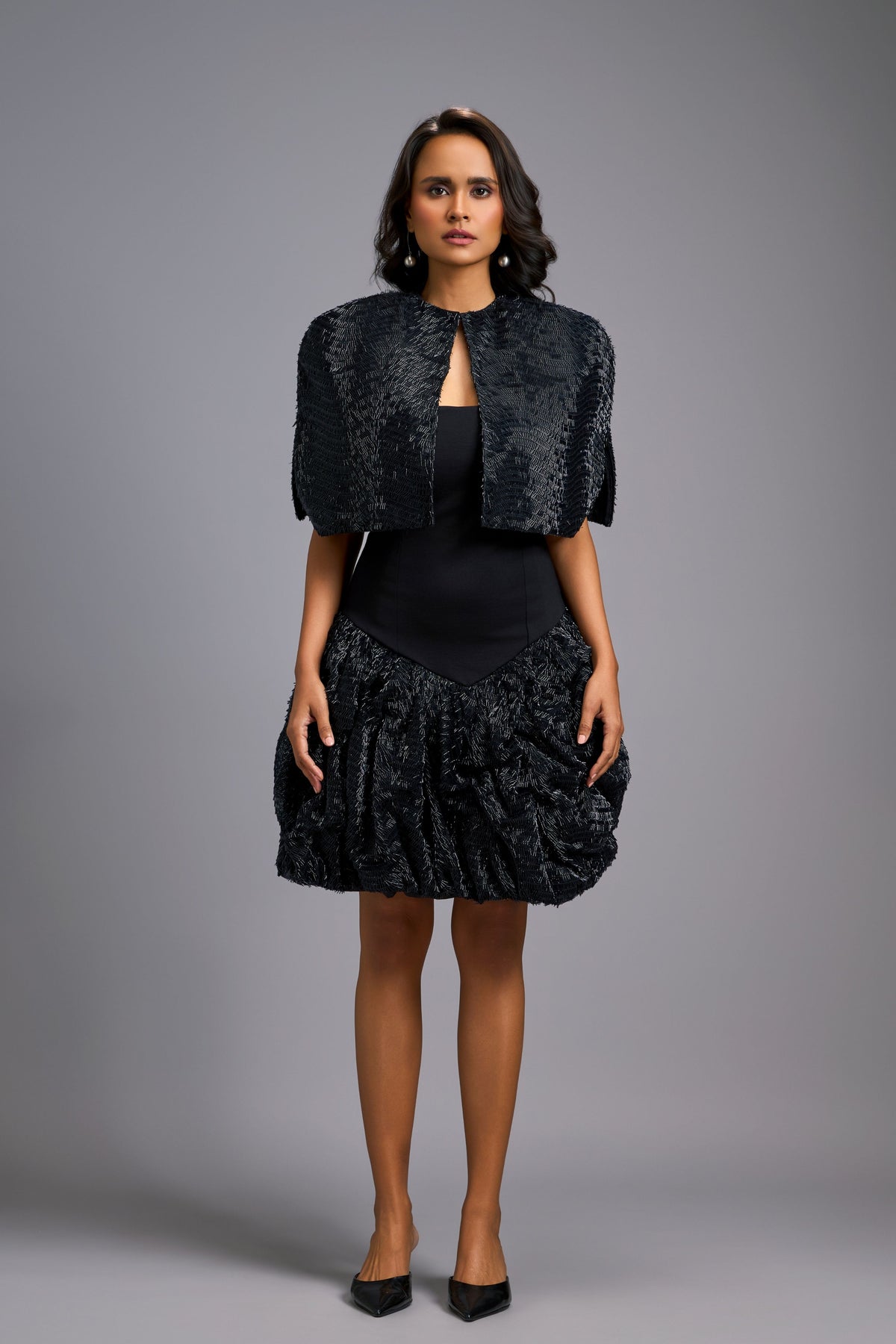 Shimmer Embroidered Black Cape Dress