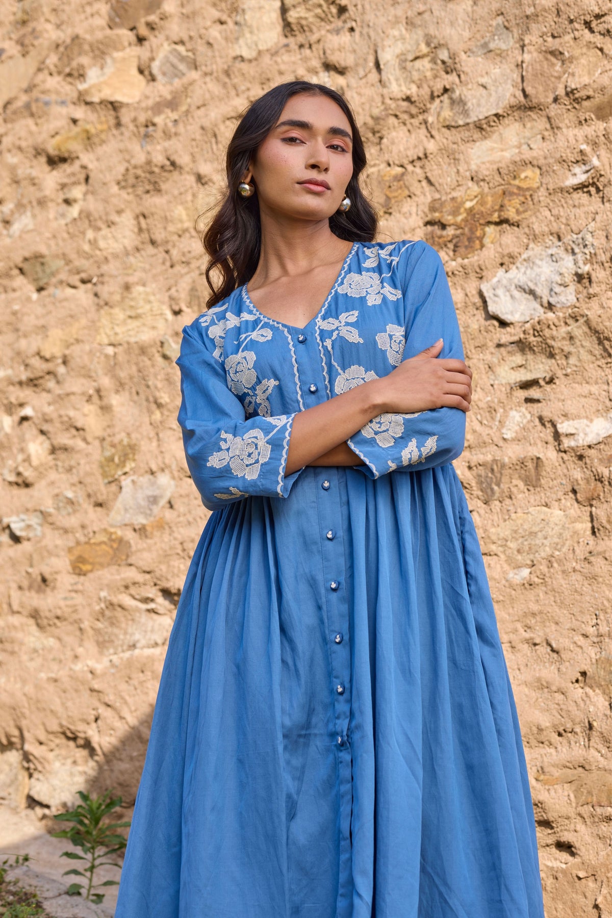 Blue Gathered Embroidered Kurta