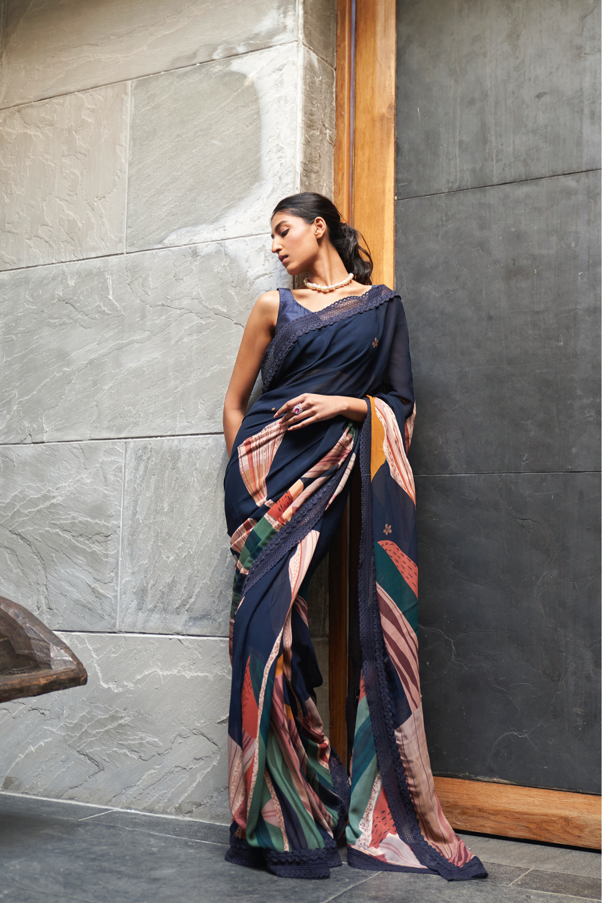 Midnight Blue Abstract Print Saree With Blouse