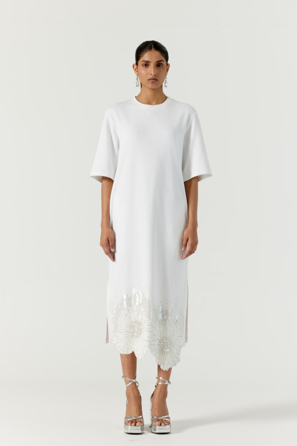 Pansy Printed Hand Embellished White Dress