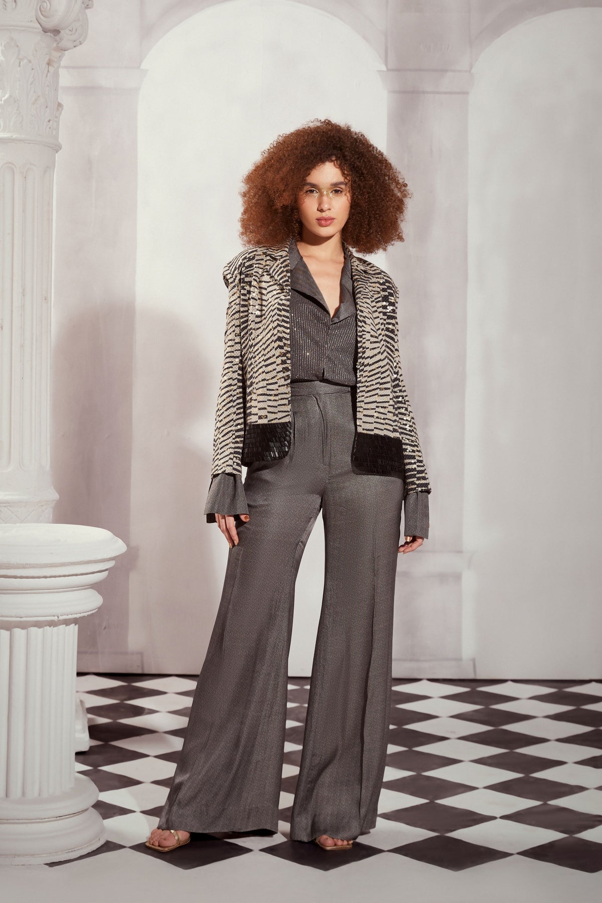 Tweed Print Silk Satin Pant