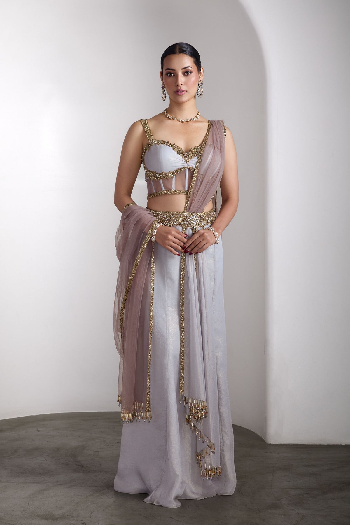 Grey Embroidered Saree Set