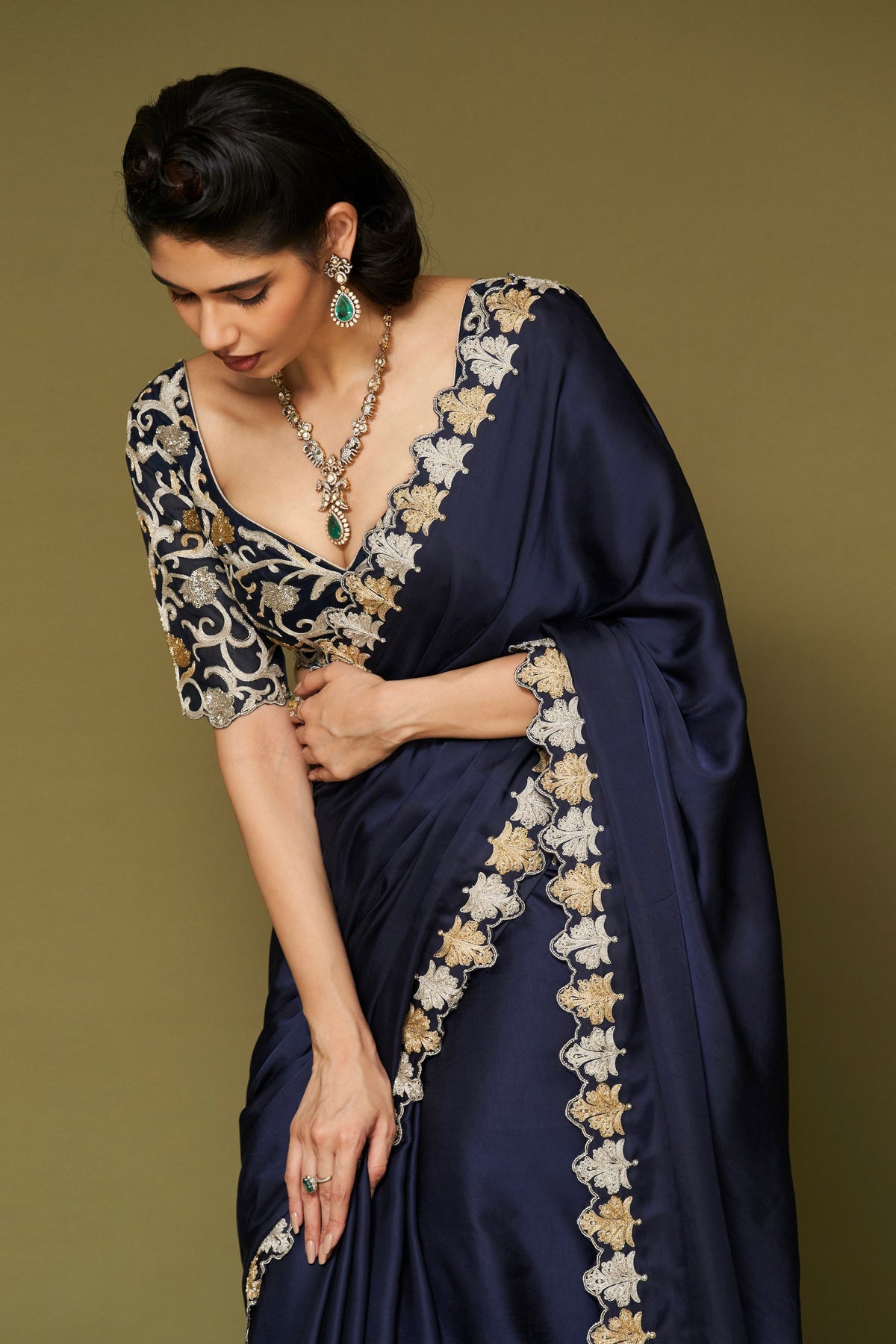 Navy Embroidered Modal Satin Saree Set