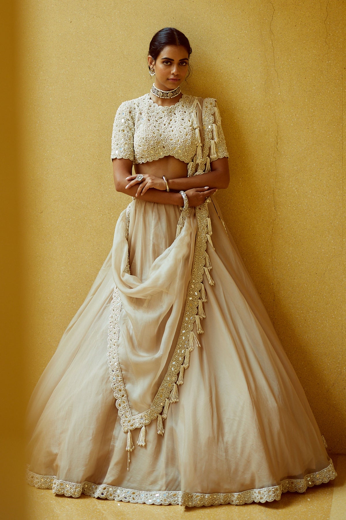 Light Beige Pearl Lehenga Set