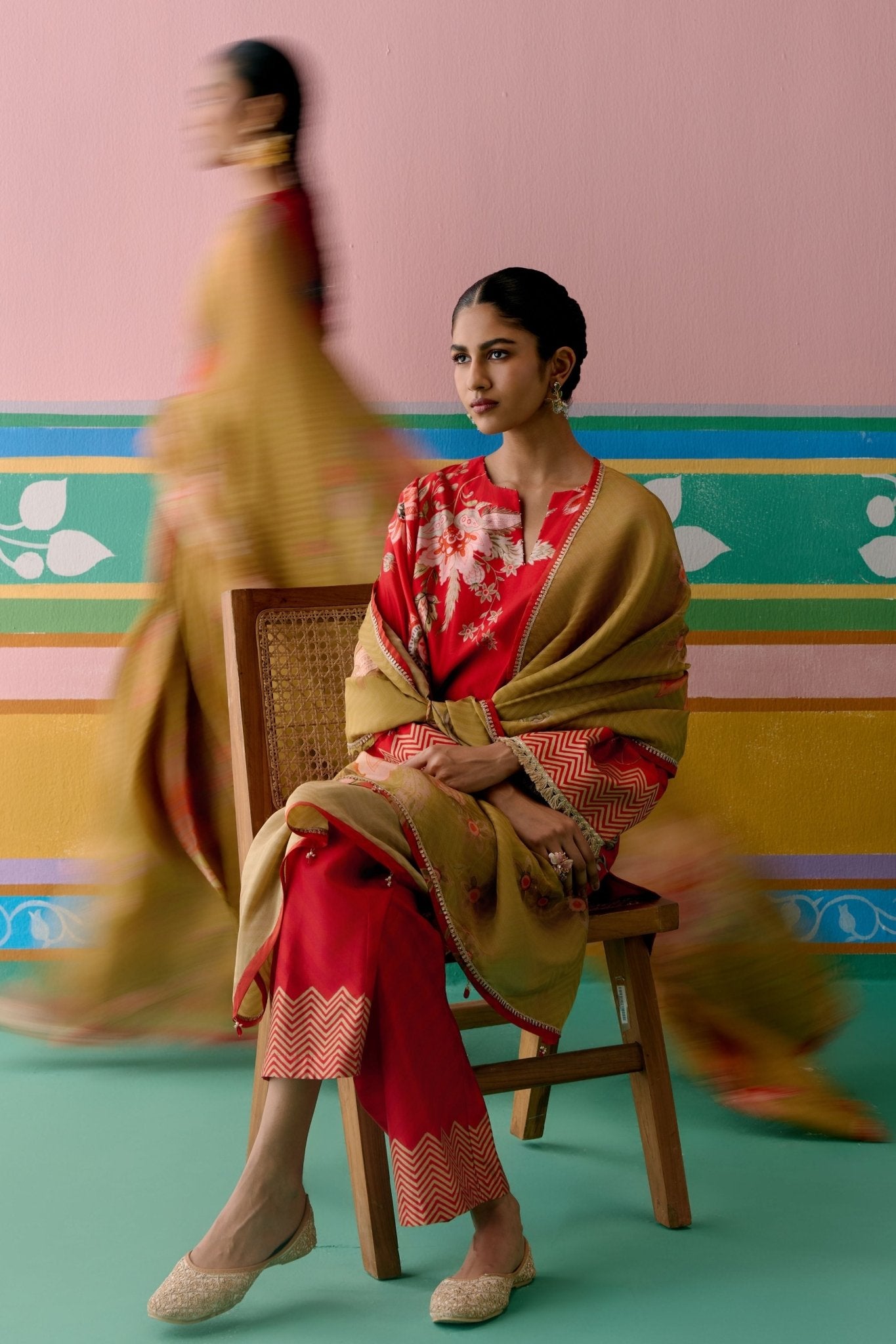 Red Chintz Kurta Set - Label Mogra - Elahe