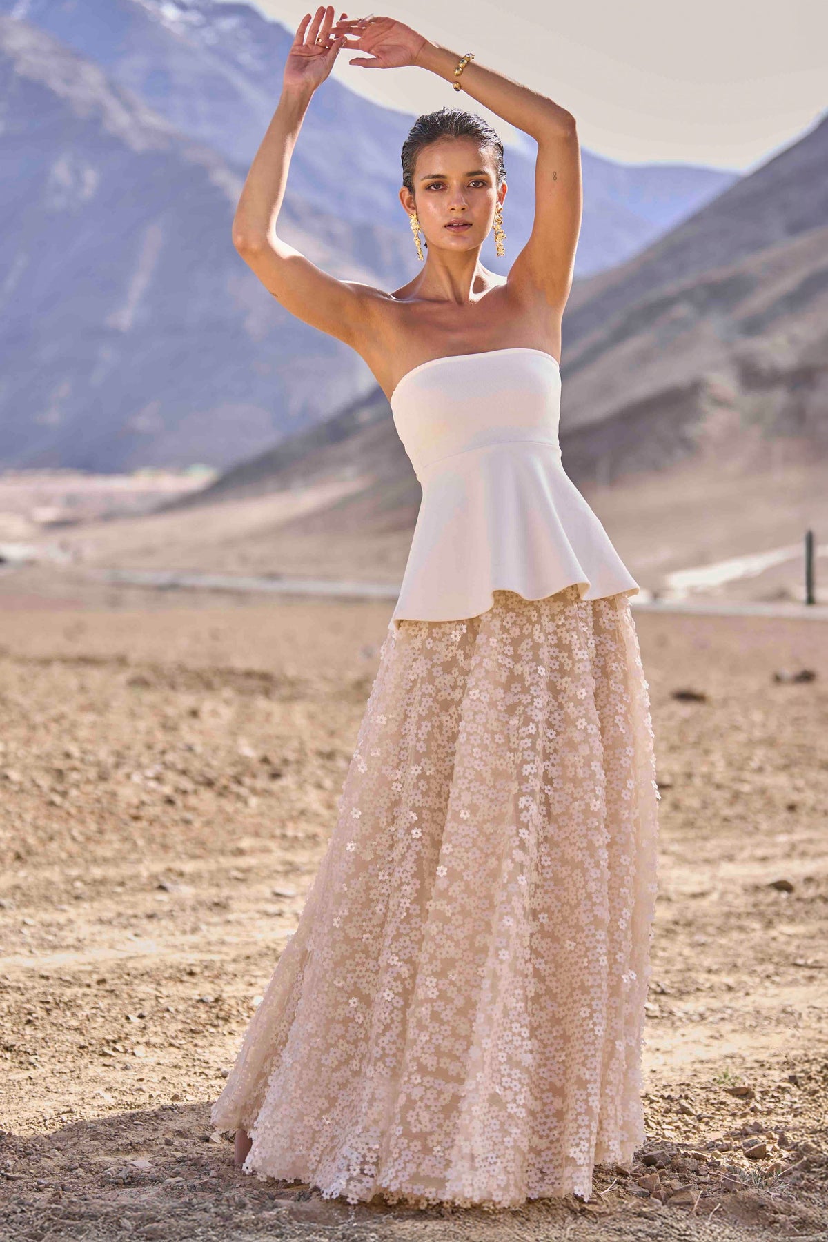 Ivory Peplum Top &amp; 3d Floral Sequin Skirt