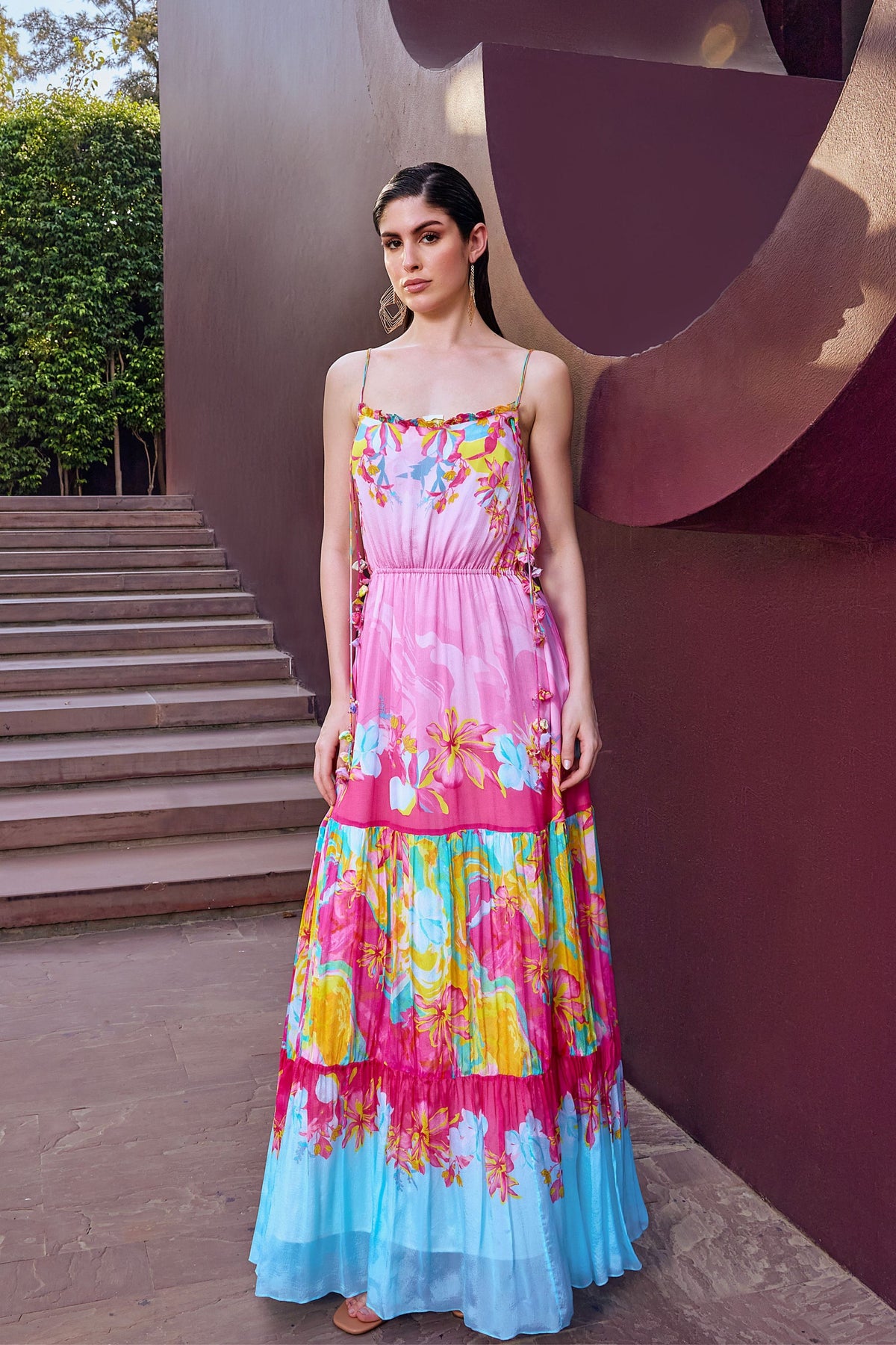Pink Placement Tiered Maxi Dress