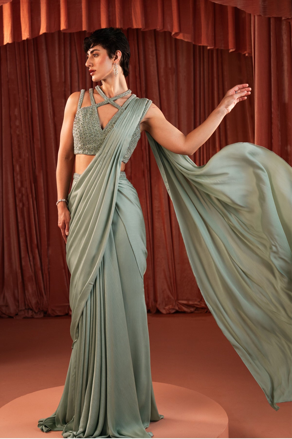 Sage Green Draped Saree Set