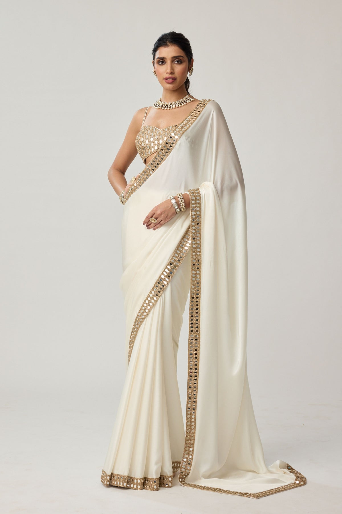 Off White Mirror Saree Set