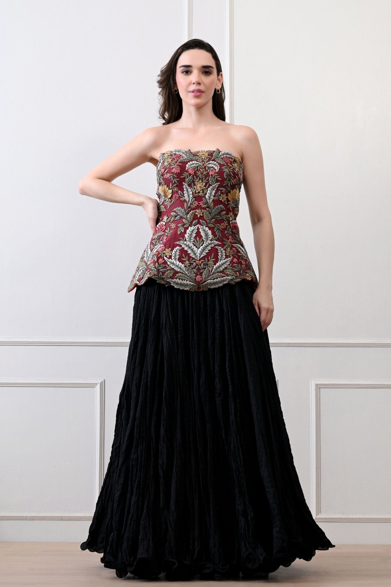 Maroon & Black Embroidered Corset Set - Samant Chauhan - Elahe