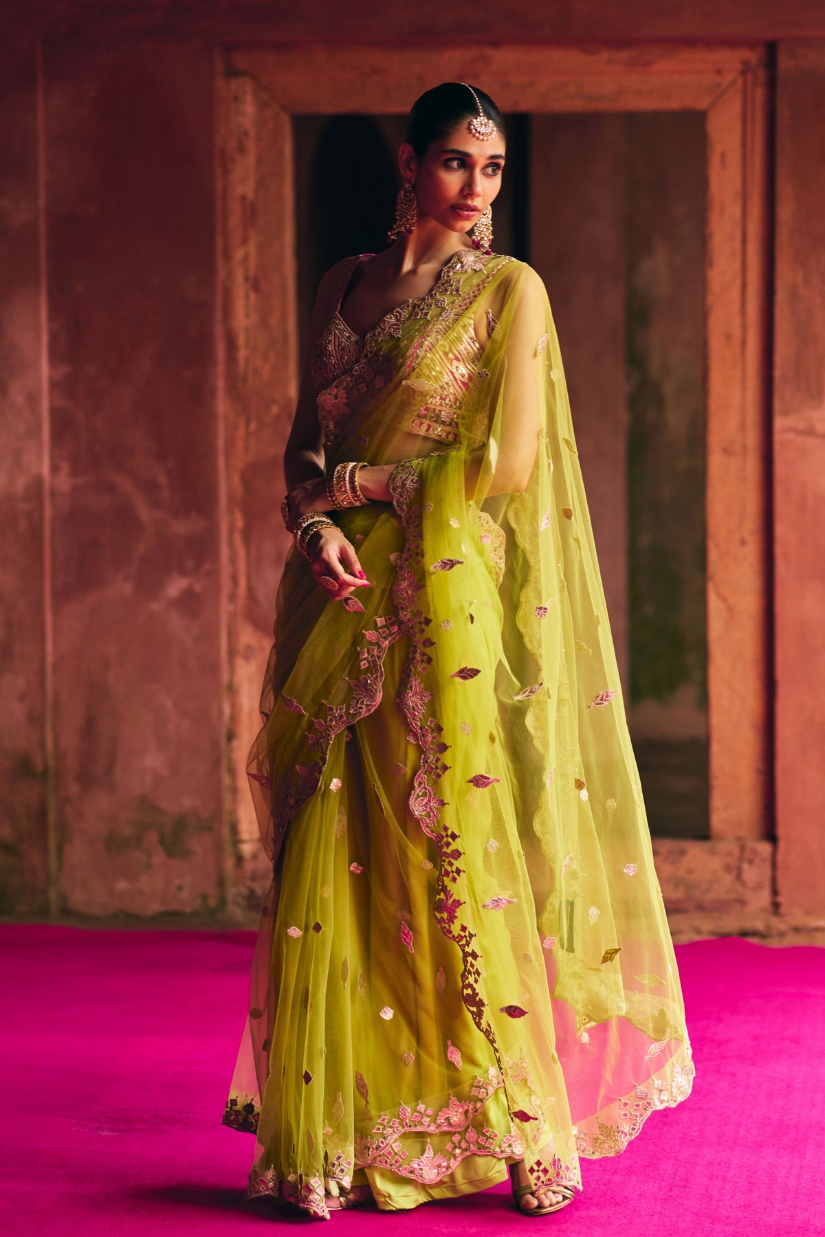 Lime Green Net Saree Set