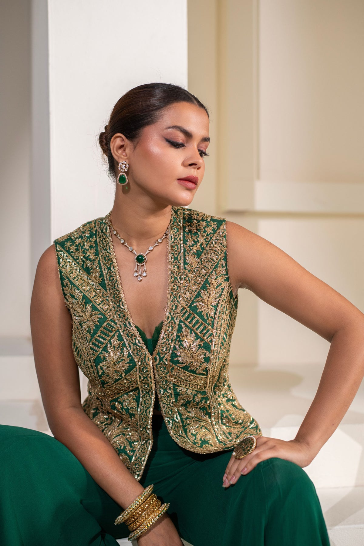 Emerald Green Embellished Jacket Set