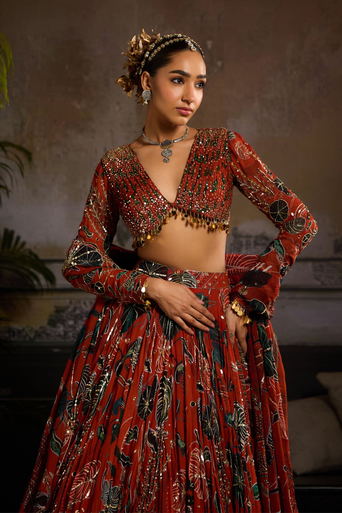 Rust Leaf Print Lehenga Set