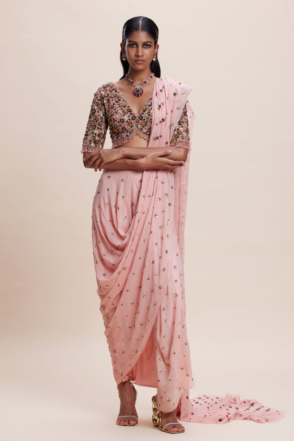 Pink Draped Saree Set