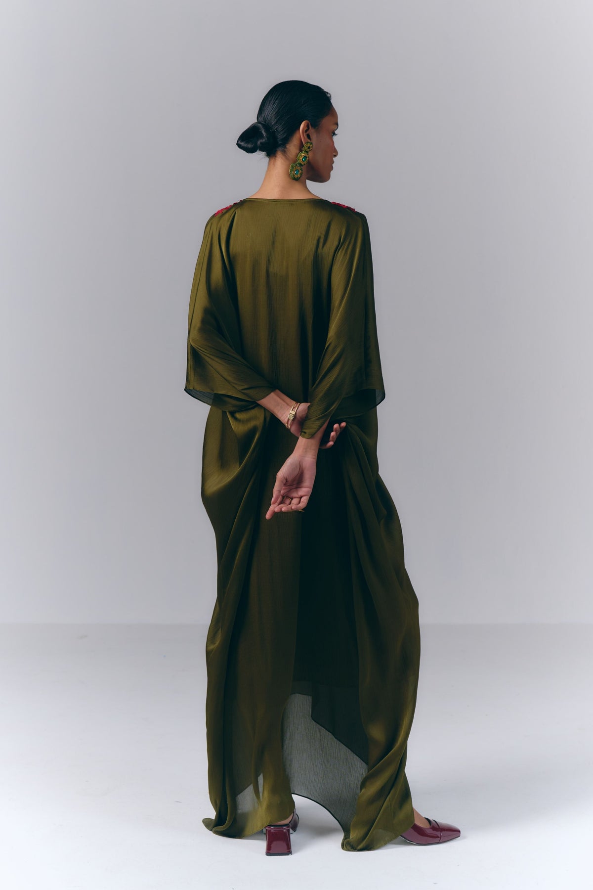 Sage Green Embroidered Draped Kaftan