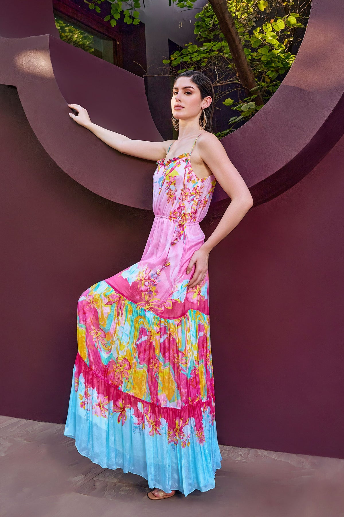 Pink Placement Tiered Maxi Dress