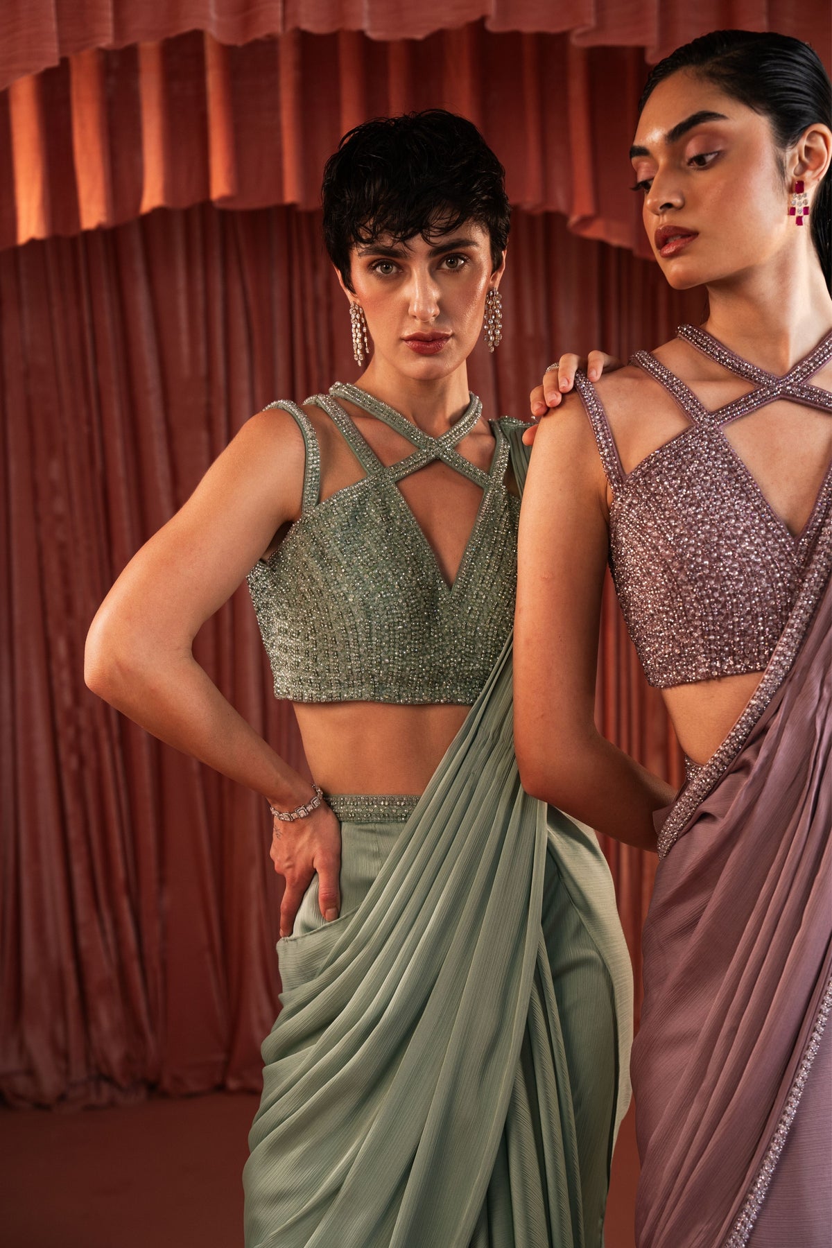 Sage Green Draped Saree Set