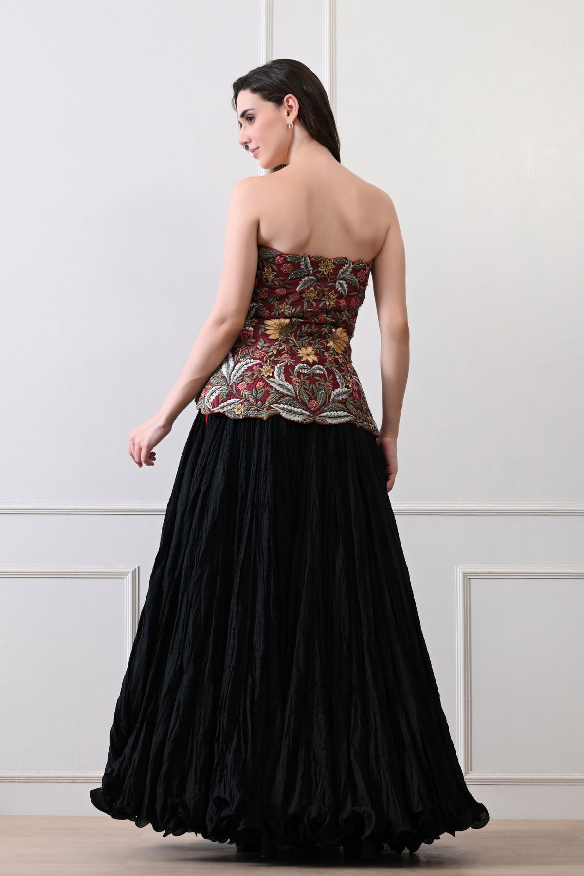 Maroon & Black Embroidered Corset Set