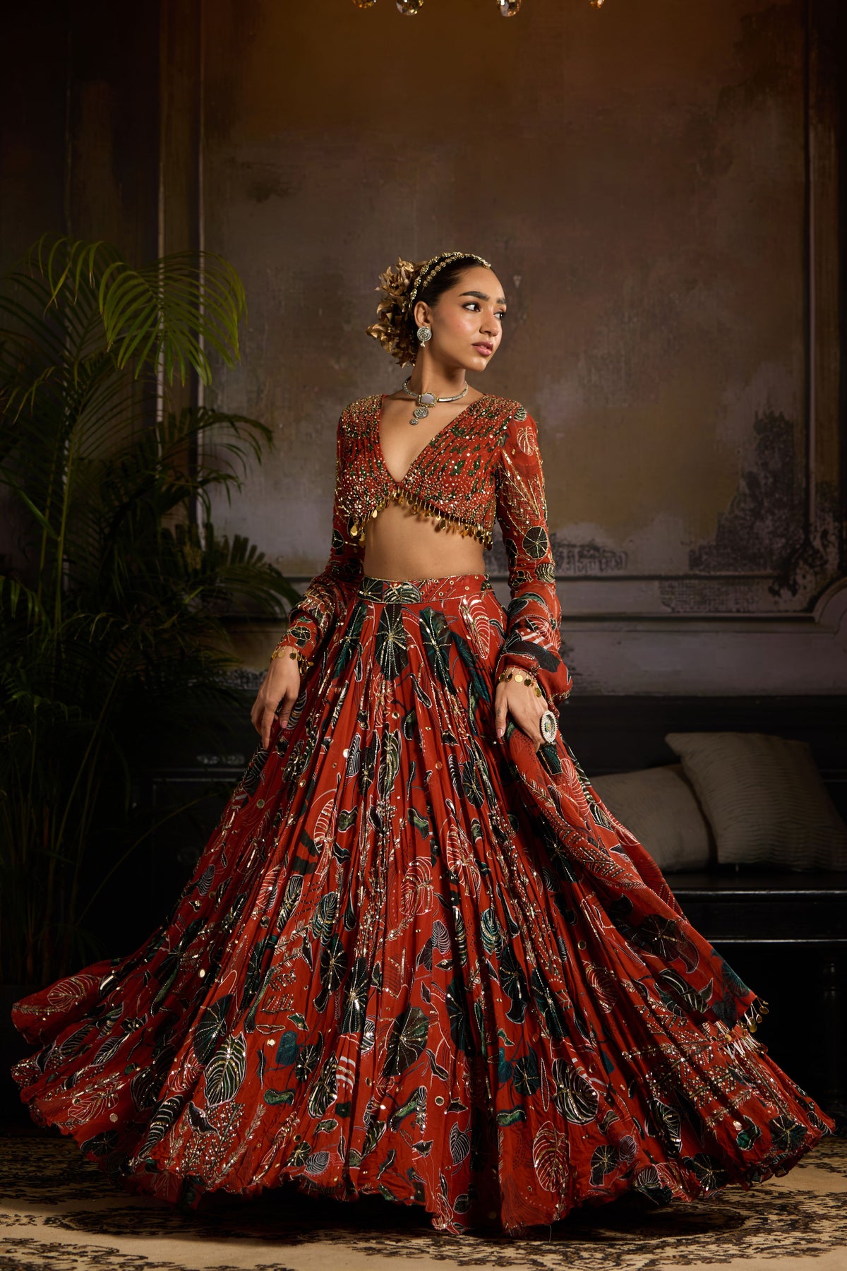 Rust Leaf Print Lehenga Set