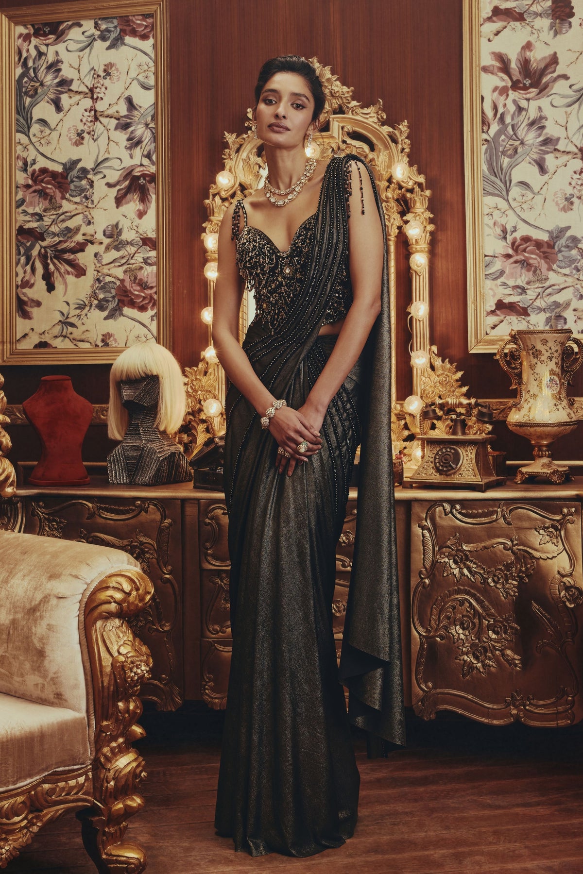 Vespera Metallic Draped Saree Set