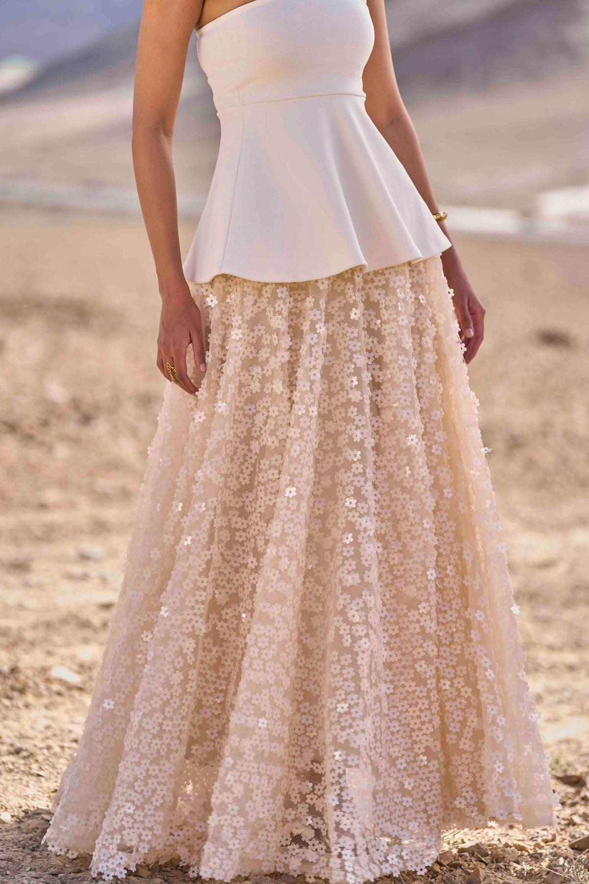 Ivory Peplum Top &amp; 3d Floral Sequin Skirt