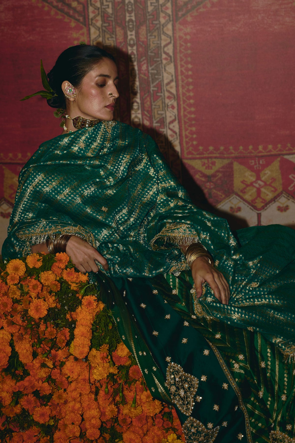 Green Silk Banarsi Lehenga Set