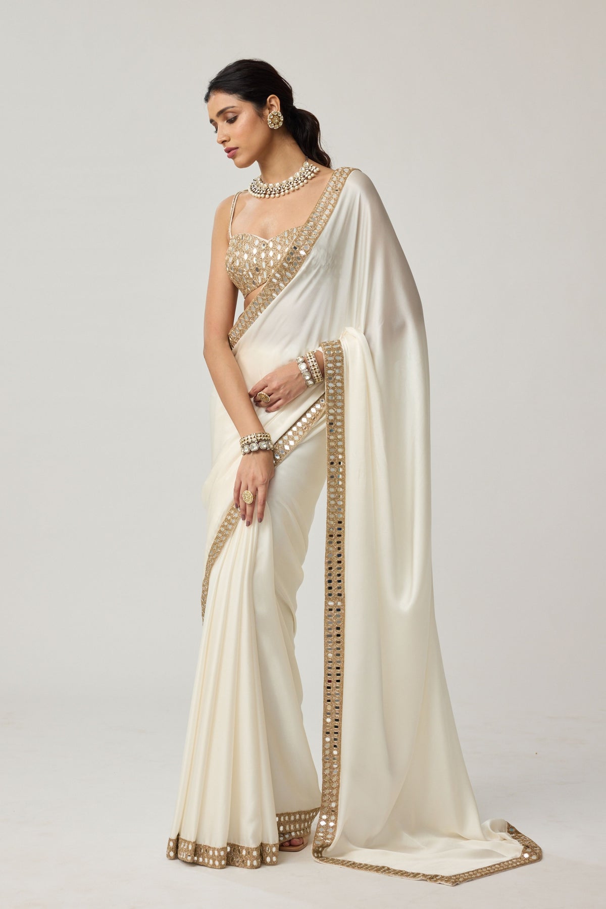 Off White Mirror Saree Set