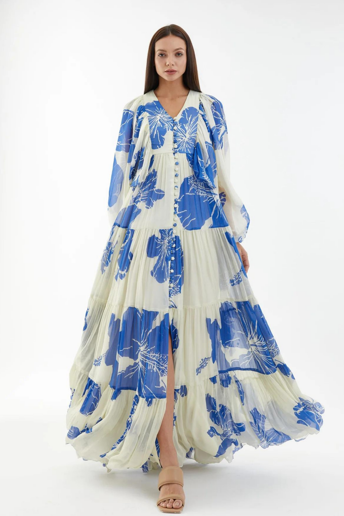 White And Blue Floral Balloon Sleeve Dress