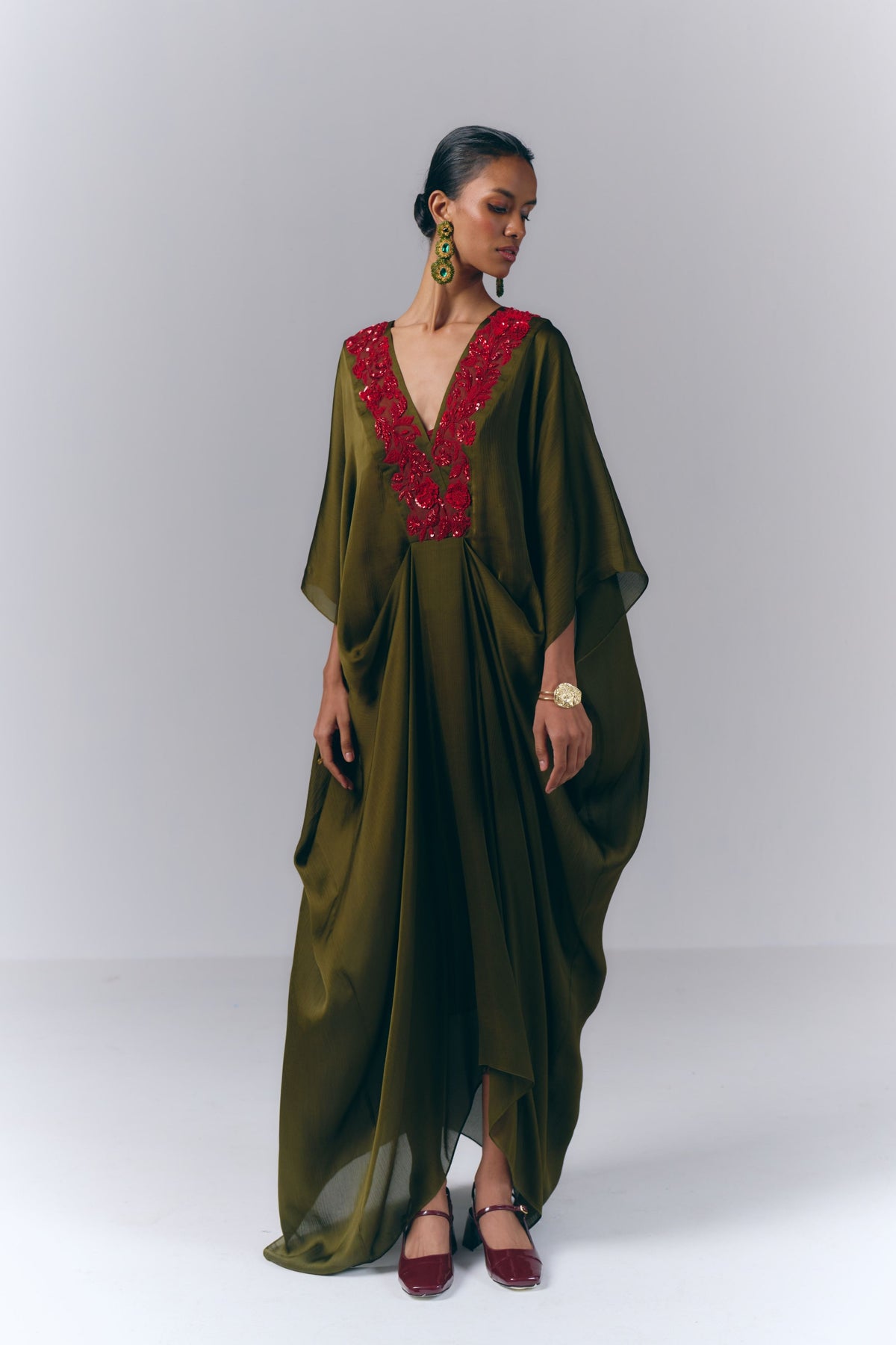 Sage Green Embroidered Draped Kaftan